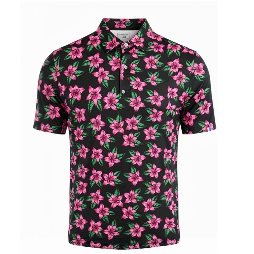 U Suck at Golf Mens 3XL Floral Lily Performance Golf Polo Black Pink (D18)